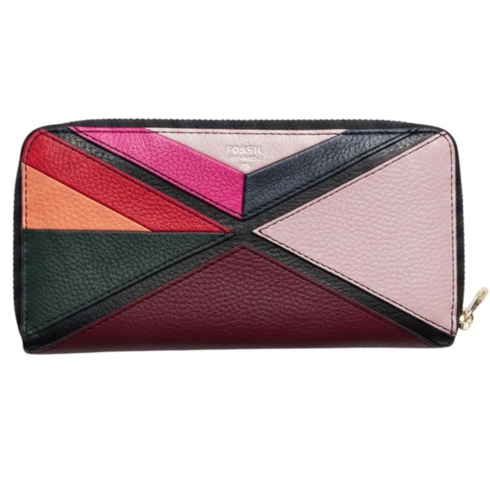 Fossil Logan Zip Around Wallet Multicolor Geometric Patchwork‎ Leather Vtg Y2K